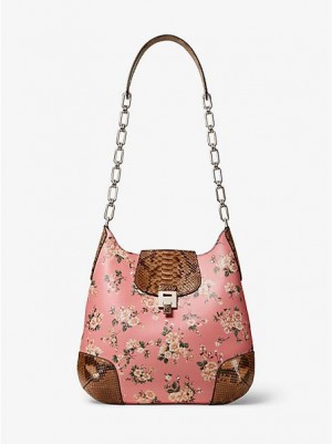 Michael Kors Bancroft Oversized Floral Calf Leder And Python Schultertaschen Damen Rosa Braun | 935621-AZQ