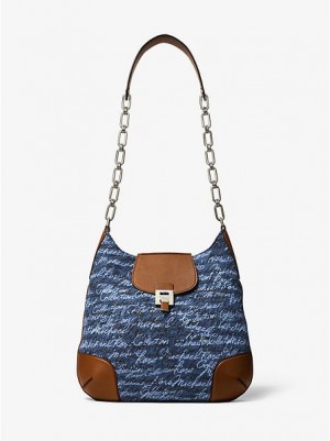 Michael Kors Bancroft Oversized Signature Print Denim Schultertaschen Damen Blau | 405931-JTQ