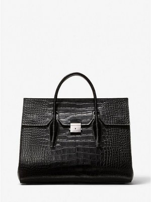 Michael Kors Campbell Crocodile Embossed Leder Wochenendtasche Damen Schwarz | 206734-BTH