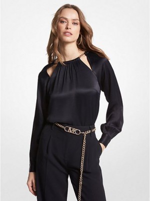 Michael Kors Chain-link Cutout Charmeuse Bluse Damen Schwarz | 815627-AVO