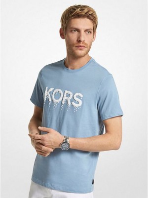 Michael Kors Graphic Logo Baumwoll T-shirts Herren Blau Weiß | 081947-QBU