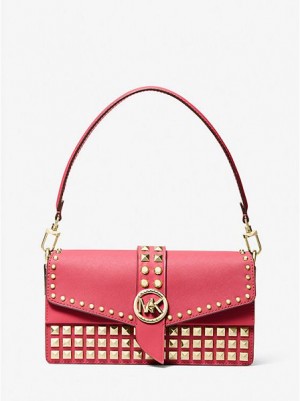 Michael Kors Greenwich Medium Studded Saffiano Leder Schultertaschen Damen Rot | 674210-KHG