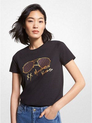 Michael Kors Logo Aviator Print Organic Baumwoll T-shirts Damen Schwarz | 350814-DZC