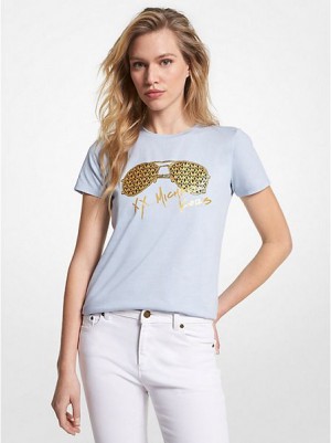 Michael Kors Metallic Logo Aviator Print Organic Baumwoll T-shirts Damen Blau Gold | 539684-HOY