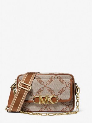 Michael Kors Parker Medium Empire Logo Jacquard crossbody taschen Damen Beige | 697504-OWM