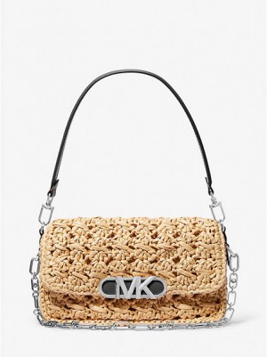 Michael Kors Parker Medium Woven Straw Schultertaschen Damen Beige Schwarz | 630874-BNF