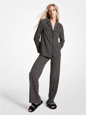 Michael Kors Studded Medallion Crushed Crepe Pajama Hemd Damen Schwarz Weiß | 891457-JTO