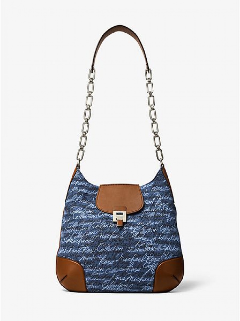 Michael Kors Bancroft Oversized Signature Print Denim Schultertaschen Damen Blau | 405931-JTQ