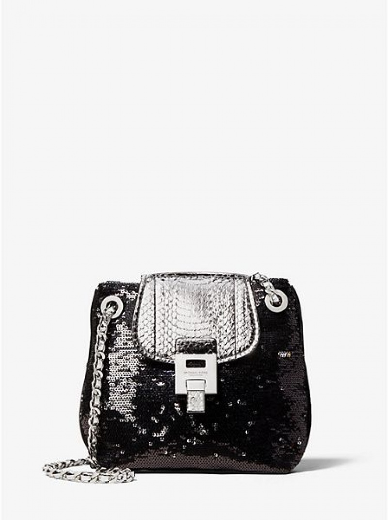 Michael Kors Bancroft Sequin And Snakeskin Disco Beuteltasche Damen Schwarz | 896710-SBN