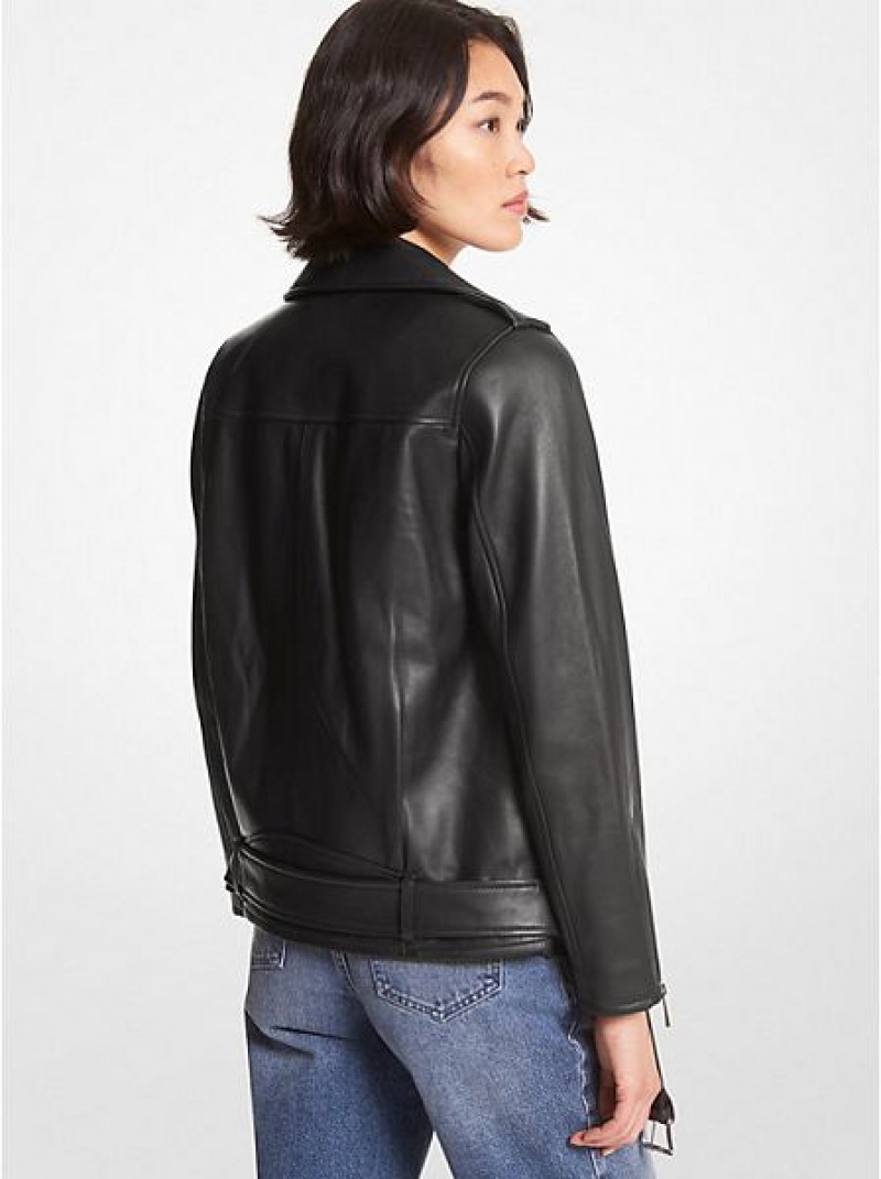 Michael Kors Belted Leder Biker Jacke Damen Schwarz | 701823-KAE