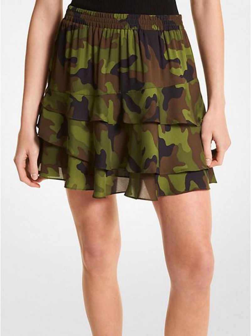 Michael Kors Camouflage Silk Georgette Ruffled Röcke Damen Olivgrün | 618059-QPK