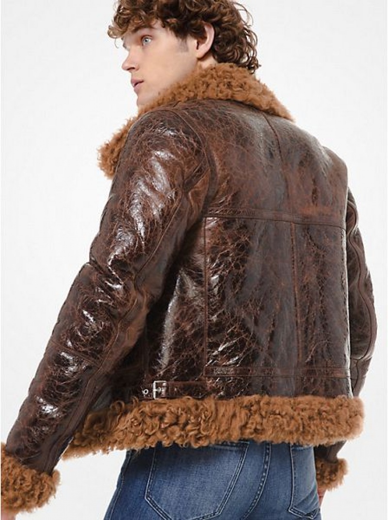 Michael Kors Distressed Lack Leder Shearling Jacke Herren Braun | 219806-AWU