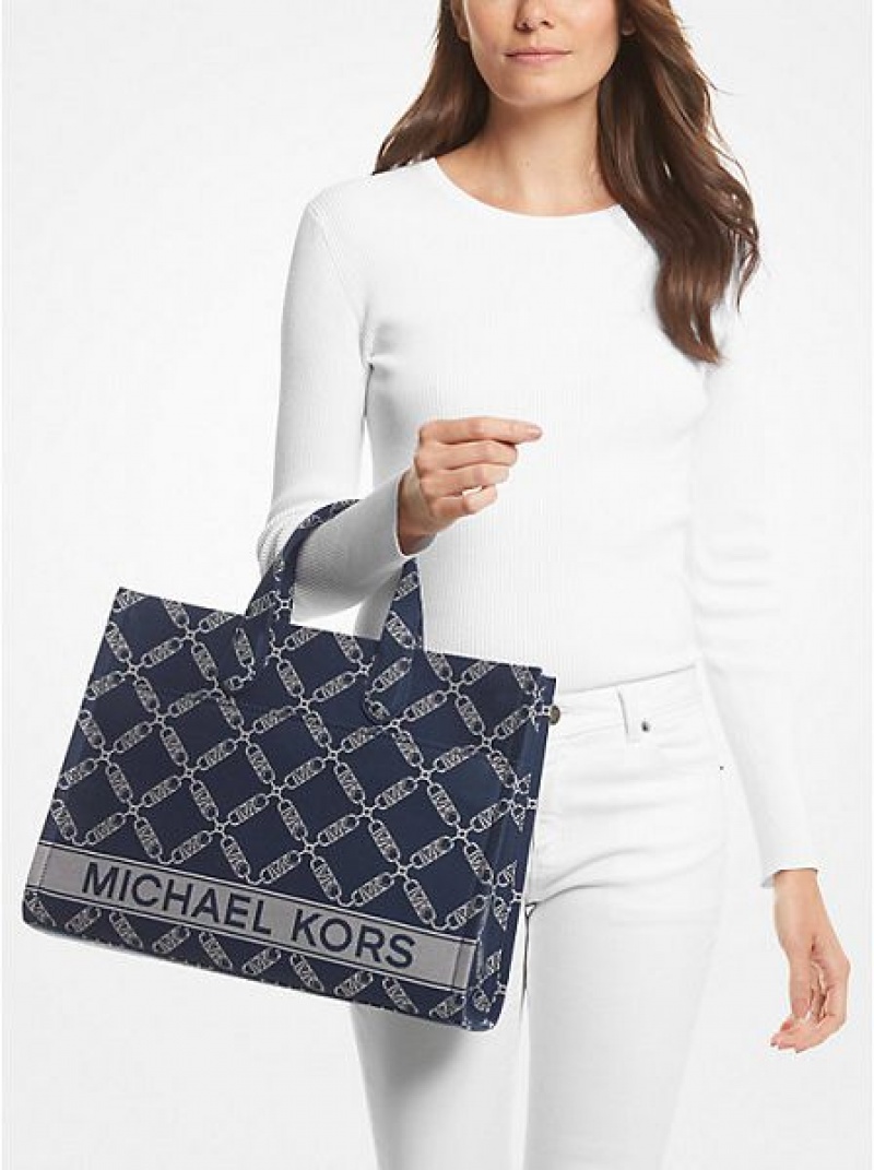 Michael Kors Gigi Large Empire Logo Jacquard Tragetaschen Damen Navy Mehrfarbig | 039527-TNW