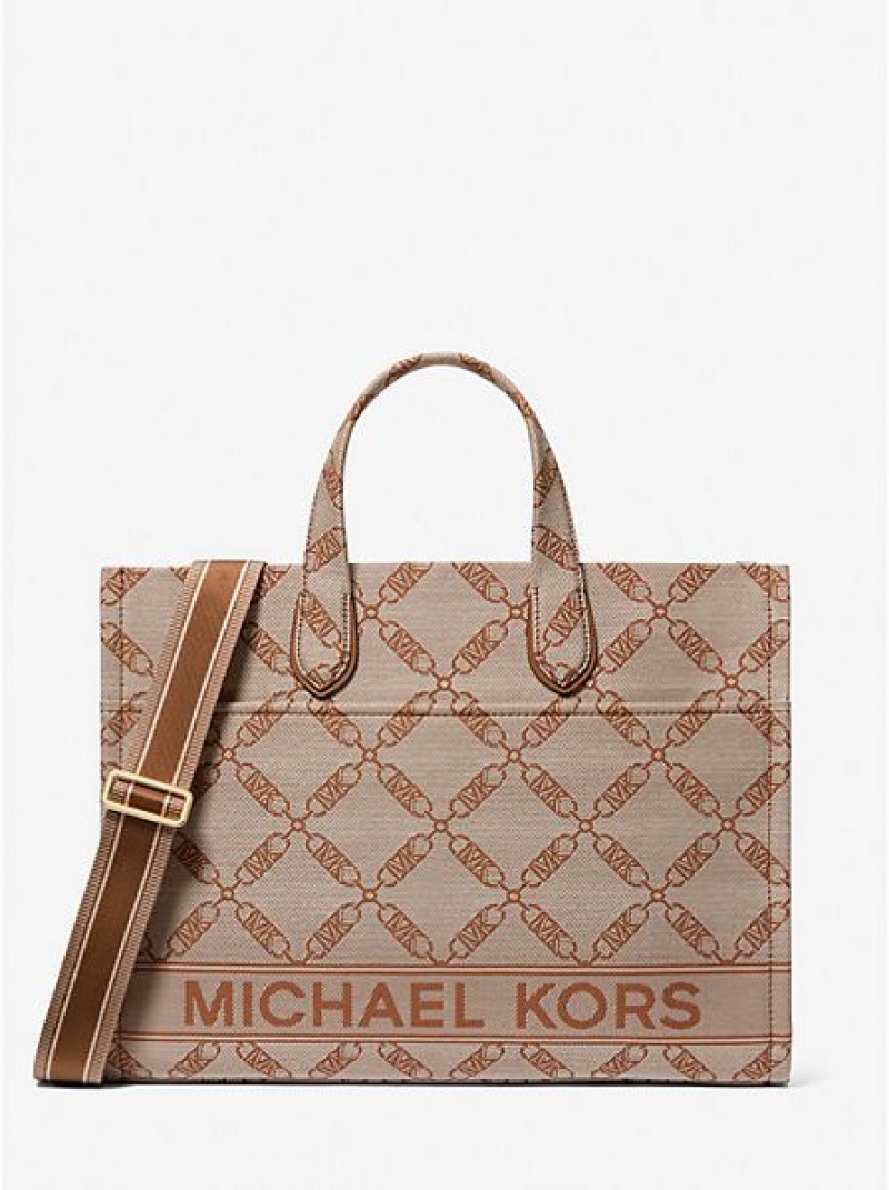 Michael Kors Gigi Large Empire Logo Jacquard Tragetaschen Damen Beige | 975061-QUP