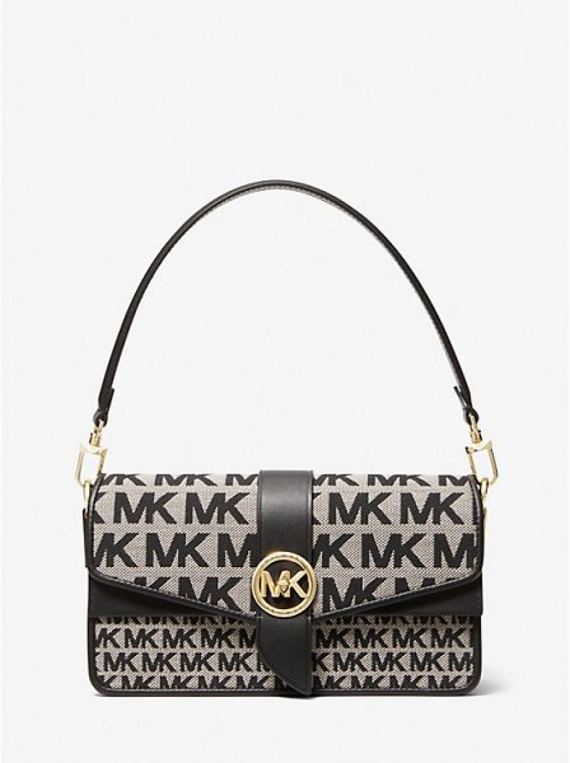 Michael Kors Greenwich Medium Logo Jacquard Schultertaschen Damen Beige Schwarz | 056143-IPD