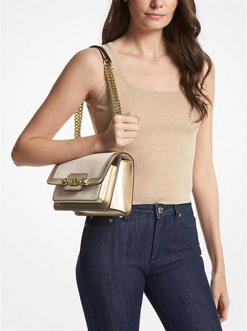 Michael Kors Heather Large Canvas And Metallic Faux Leder Schultertaschen Damen Gold Beige | 260157-NAJ