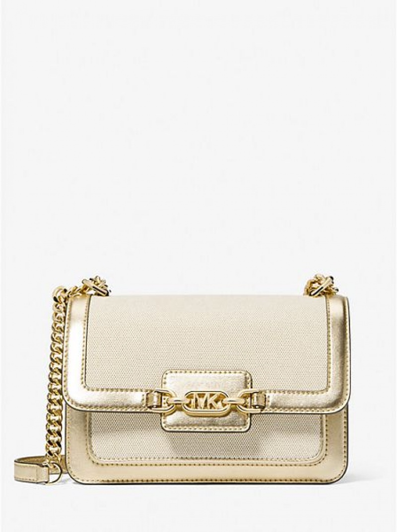 Michael Kors Heather Large Canvas And Metallic Faux Leder Schultertaschen Damen Gold Beige | 260157-NAJ