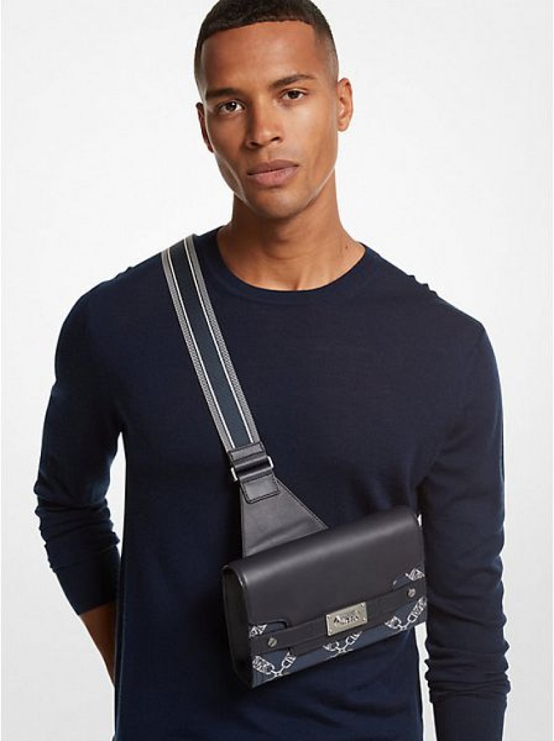 Michael Kors Hudson Empire Logo Jacquard And Leder Schultertaschen Herren Navy | 567298-WOU