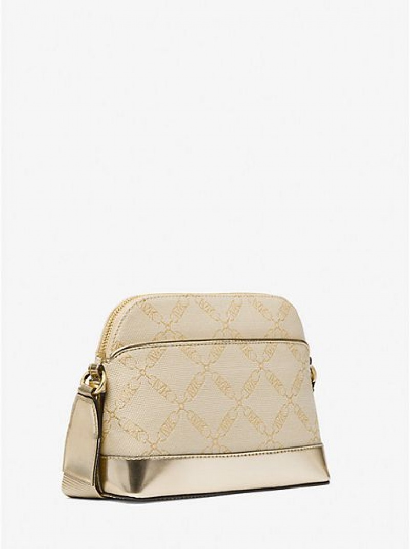 Michael Kors Jet Set Large Metallic Empire Logo Jacquard Dome crossbody taschen Damen Gold Beige | 563480-ZPR