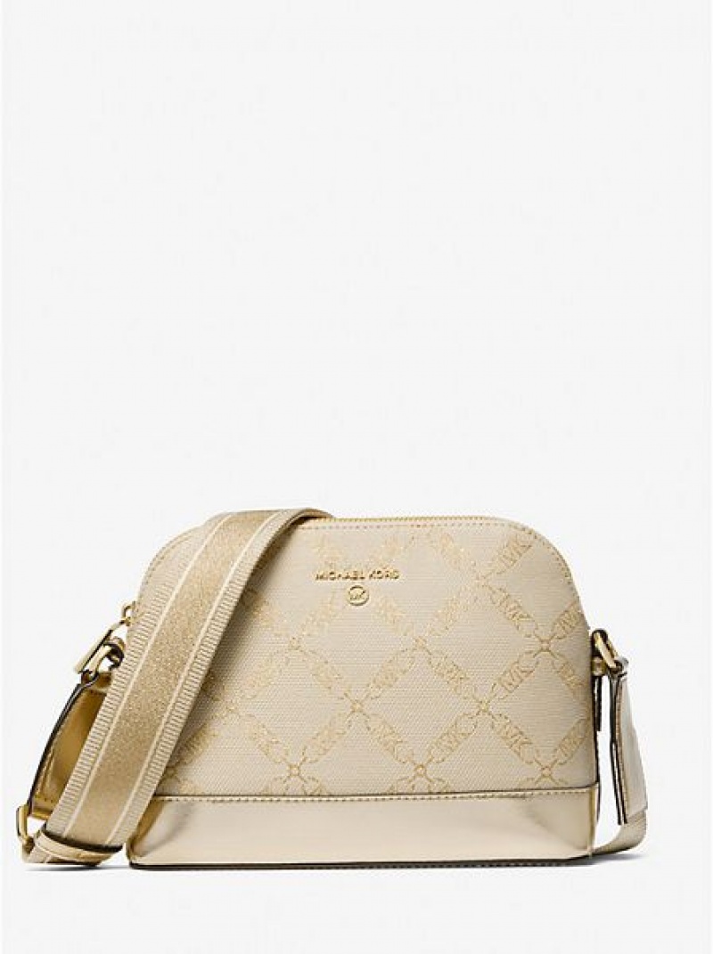 Michael Kors Jet Set Large Metallic Empire Logo Jacquard Dome crossbody taschen Damen Gold Beige | 563480-ZPR