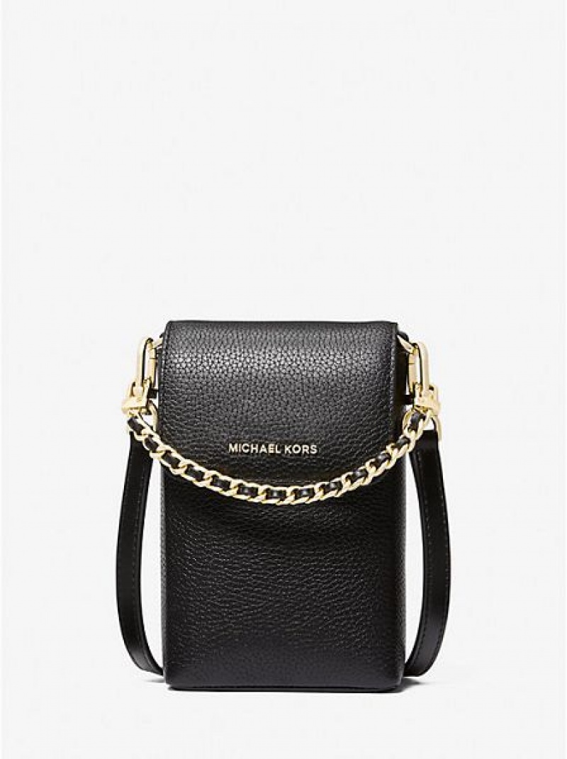 Michael Kors Jet Set Small Pebbled Leder Chain-link Smartphone crossbody taschen Damen Schwarz | 792064-LTA