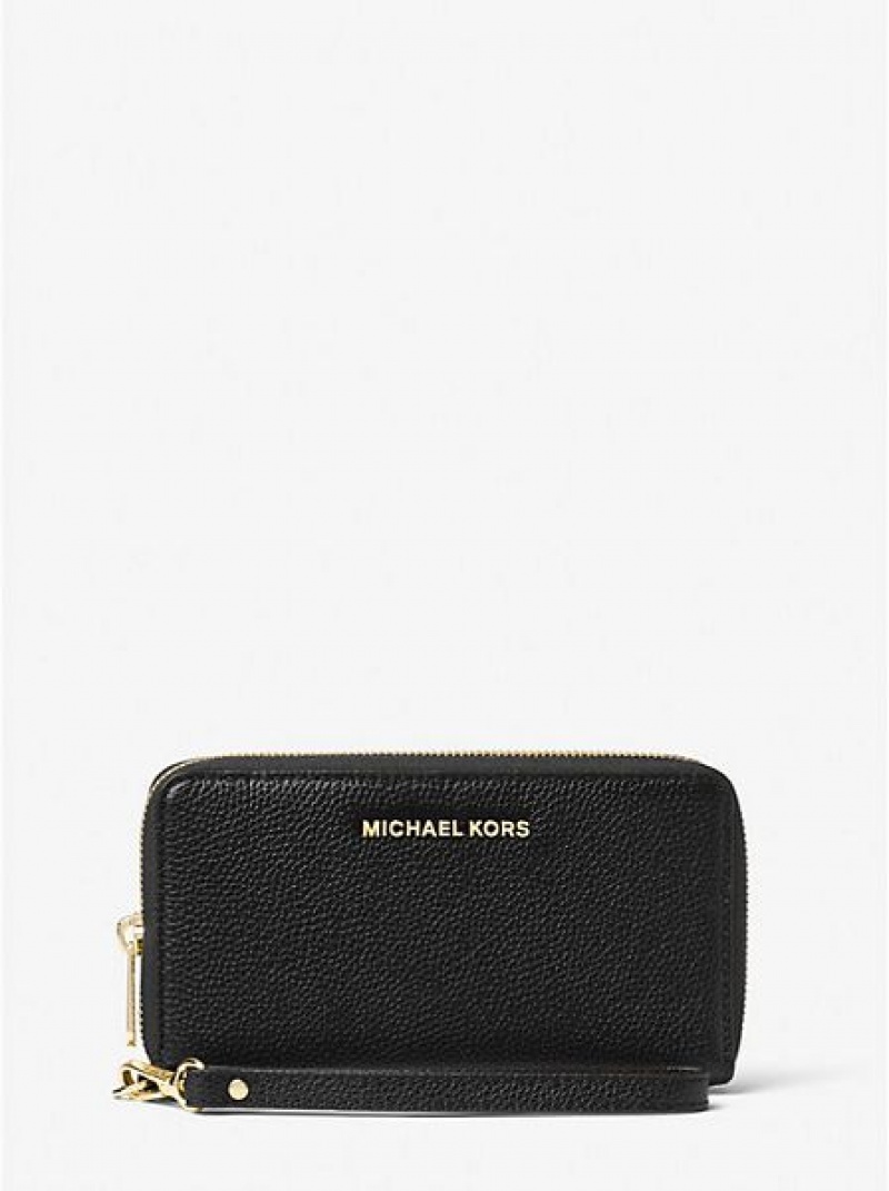 Michael Kors Large Pebbled Leder Smartphone Geldbörse Damen Schwarz | 209756-ALV