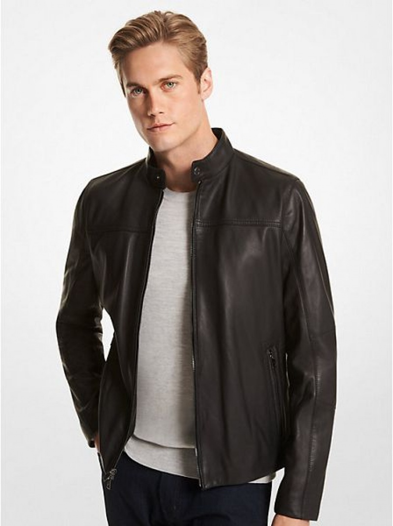 Michael Kors Leder Racer Jacke Herren Schwarz | 538971-GUY