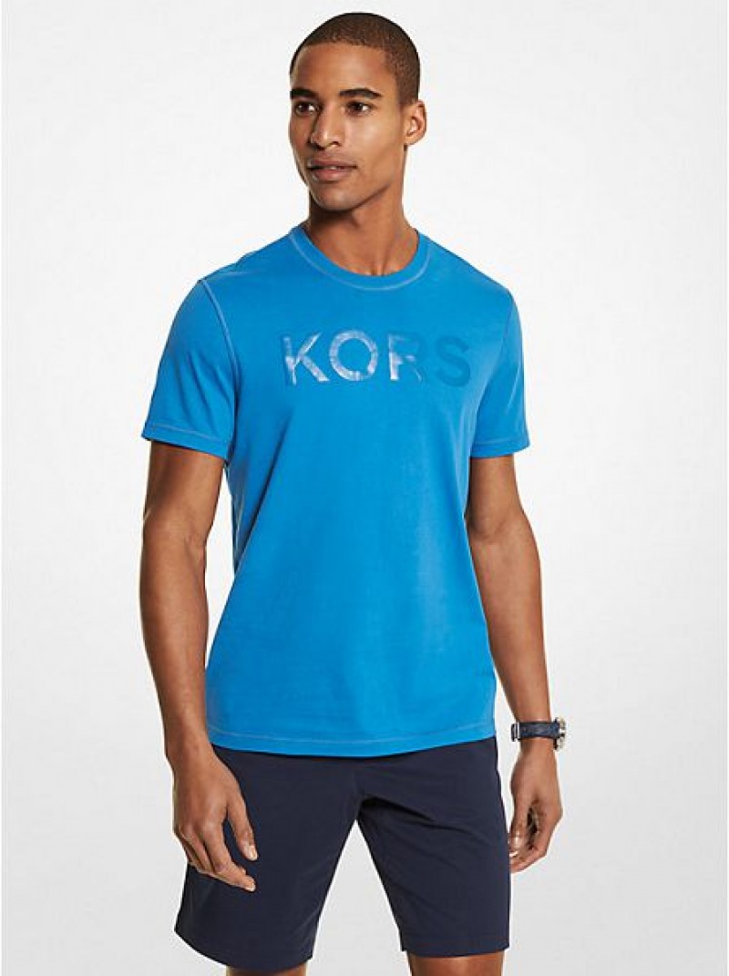 Michael Kors Logo Baumwoll T-shirts Herren Blau | 062315-ECY