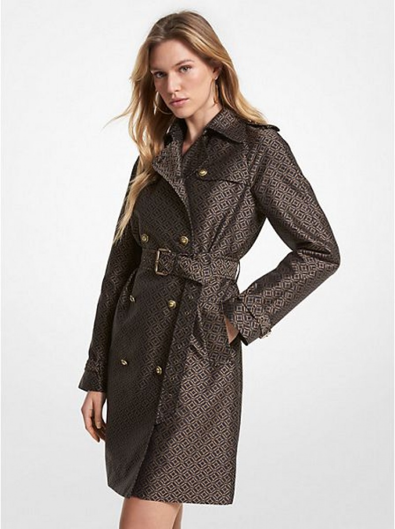 Michael Kors Logo Jacquard Trench Mäntel Damen Schwarz Gold | 618549-QKX