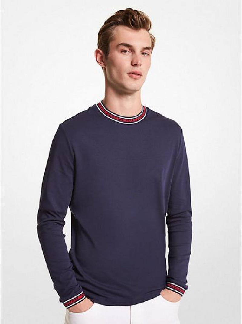 Michael Kors Logo Tape Baumwoll Crewneck Sweatshirts Herren Navy | 914580-ITQ