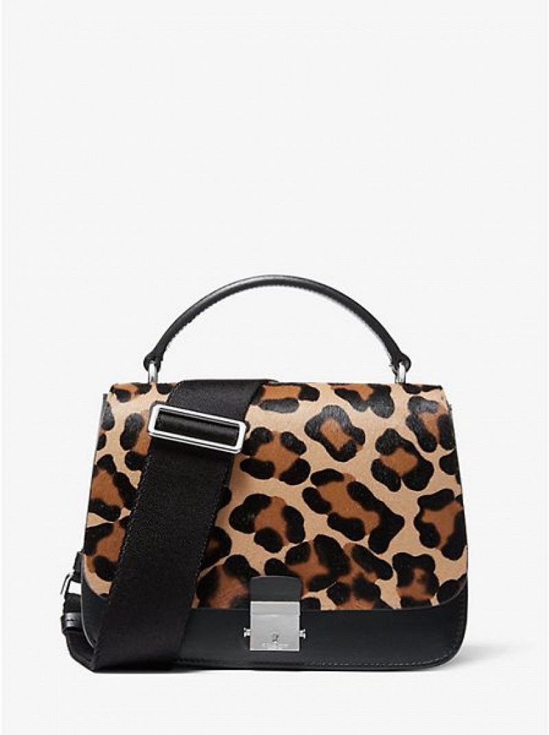 Michael Kors Mia Leopard Calf Hair Shoulder Schulranzen Damen Schwarz Braun | 794501-OFX