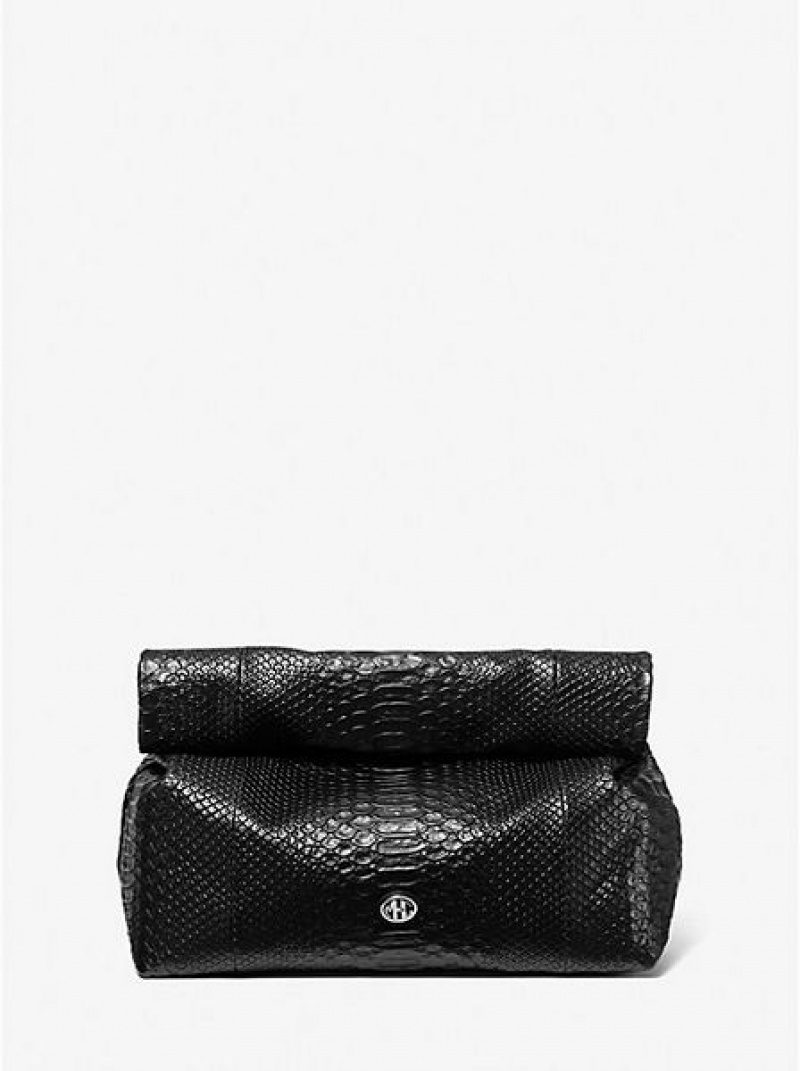 Michael Kors Monogramme Python Embossed Leder Lunch Box Unterarmtasche-Taschen Damen Schwarz | 652748-DNM