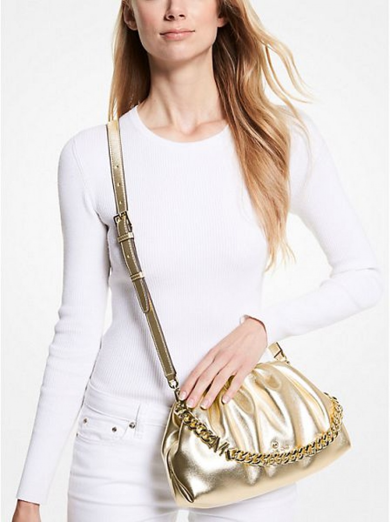 Michael Kors Nola Small Metallic Faux Leder crossbody taschen Damen Gold | 508714-ADS