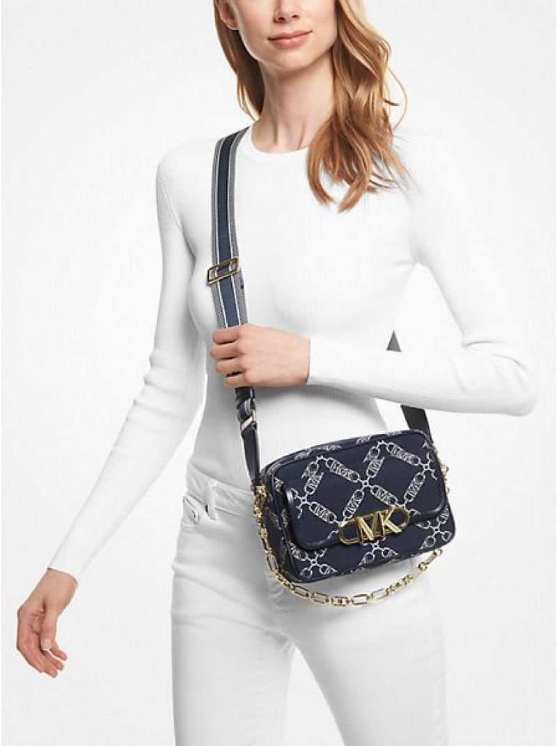 Michael Kors Parker Medium Empire Logo Jacquard crossbody taschen Damen Navy Mehrfarbig | 598614-GRA