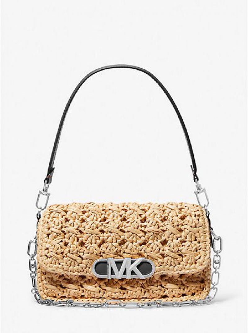 Michael Kors Parker Medium Woven Straw Schultertaschen Damen Beige Schwarz | 630874-BNF