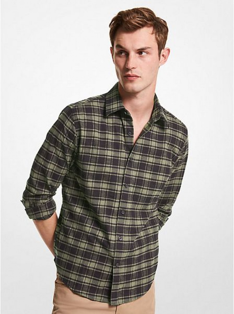 Michael Kors Slim-fit Plaid Baumwoll Flannel Hemd Herren Olivgrün | 780591-XHV