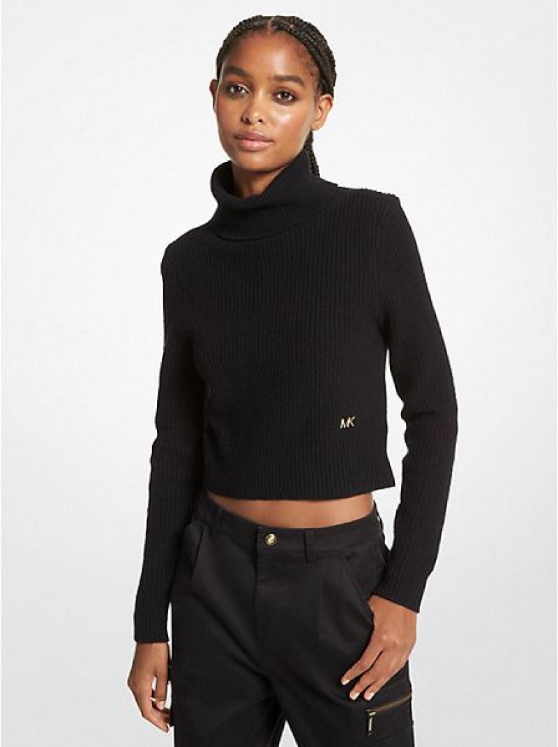 Michael Kors Stretch Wolle Cropped Turtleneck Pullover Damen Schwarz | 021563-MFD