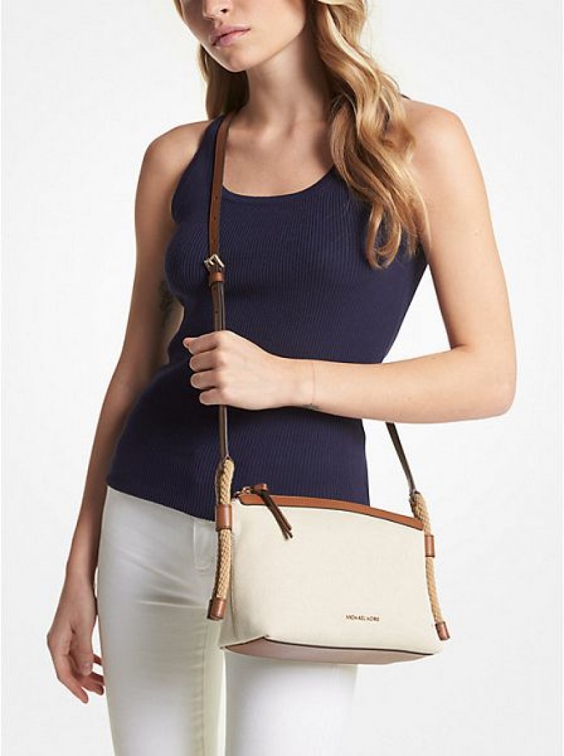 Michael Kors Talia Medium Baumwoll Canvas crossbody taschen Damen Beige | 359176-YCJ