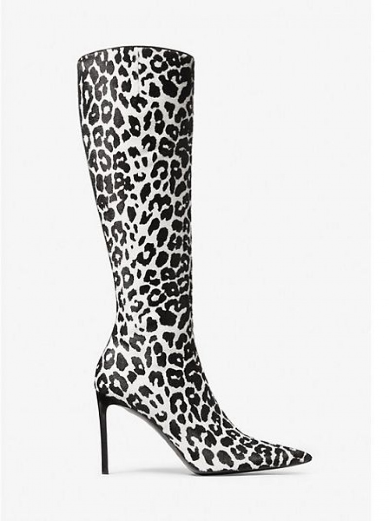 Michael Kors Tatjana Leopard Print Calf Hair Lederstiefel Damen Schwarz Weiß | 359420-JER