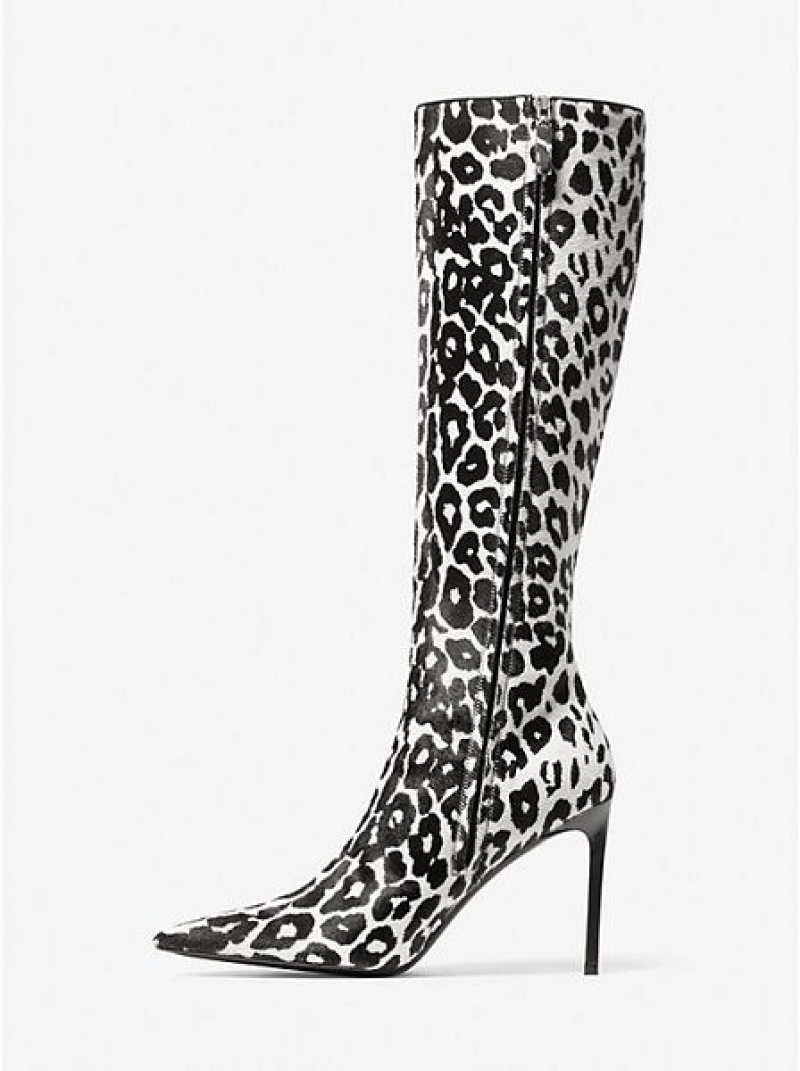 Michael Kors Tatjana Leopard Print Calf Hair Lederstiefel Damen Schwarz Weiß | 359420-JER