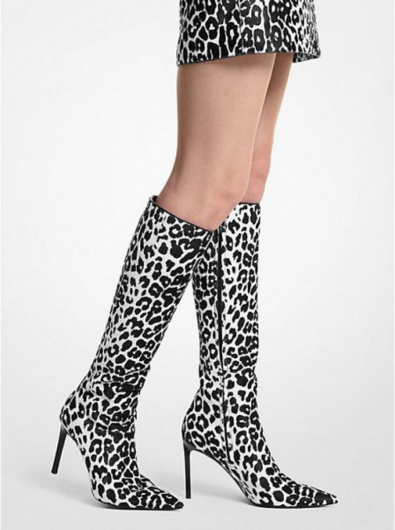 Michael Kors Tatjana Leopard Print Calf Hair Lederstiefel Damen Schwarz Weiß | 359420-JER