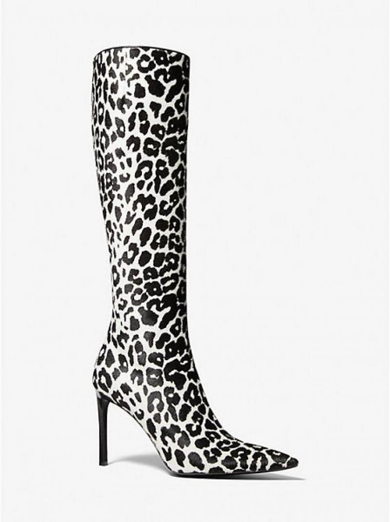 Michael Kors Tatjana Leopard Print Calf Hair Lederstiefel Damen Schwarz Weiß | 359420-JER